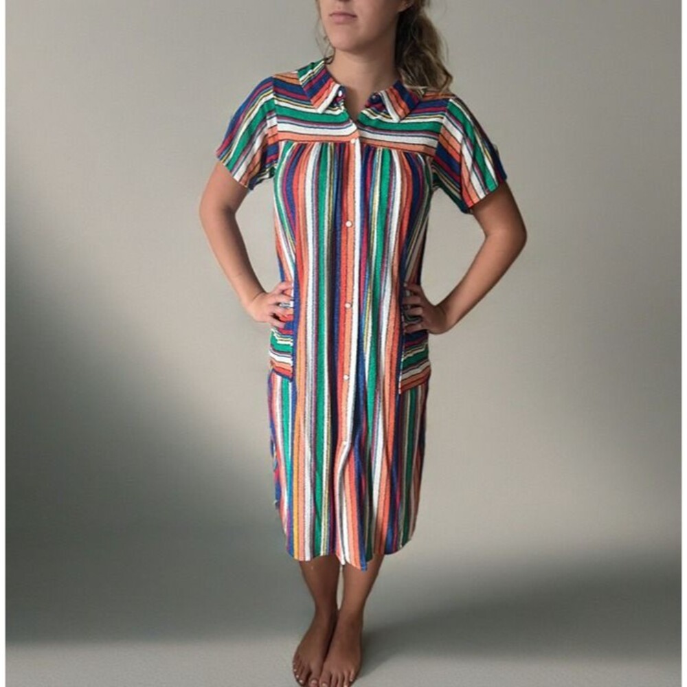 BNTW 1960s Vintage Womens Striped Terry Nightgown House Dress sz Small